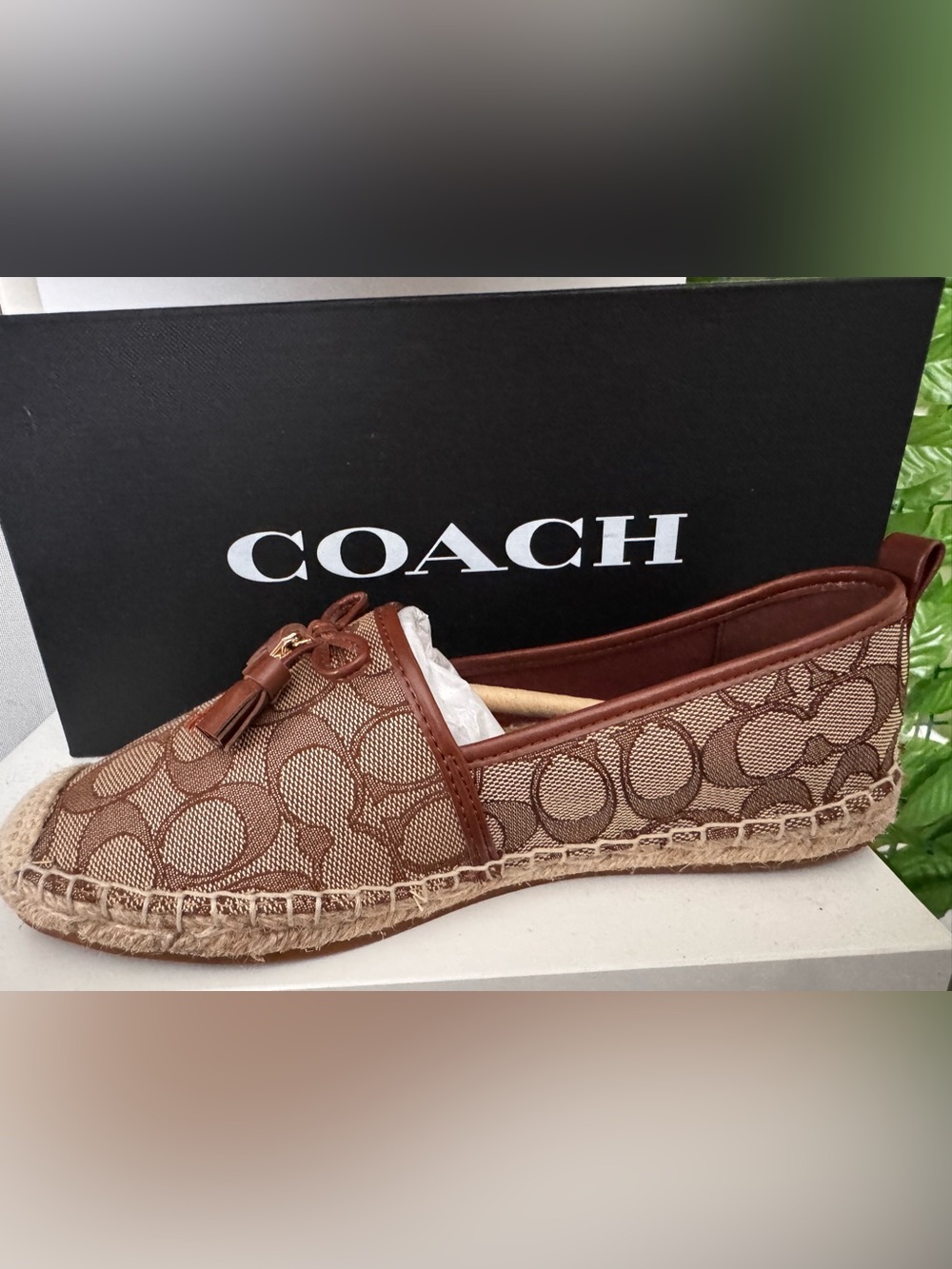 Coach Signature Canvas Espadrille Loafers in Brown with Tassel